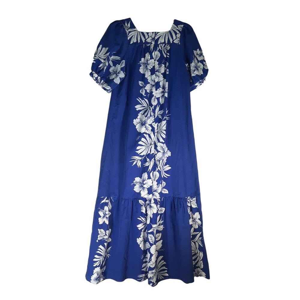 Royal Creations Hawaiian Muumuu Dress Blue Hibiscus Plumeria Floral